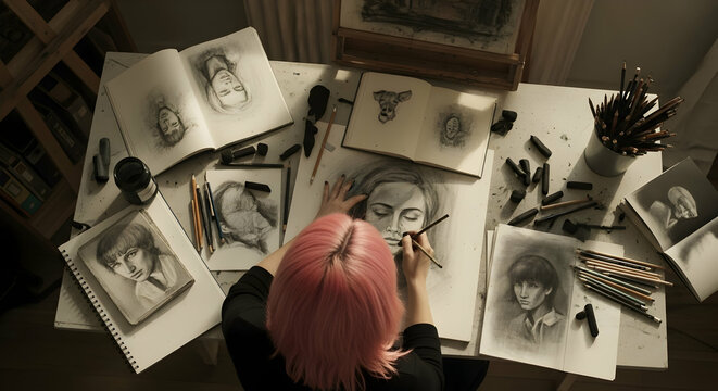 Overhead view of a young female artist passionately drawing a portrait with charcoal