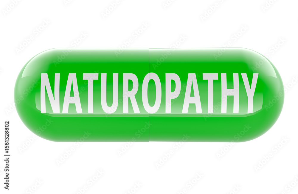 Poster naturopathy, green capsule with text. 3d rendering isolated on transparent background