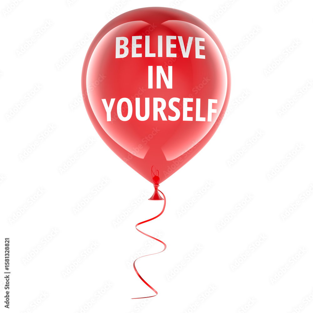 Poster believe in yourself. red balloon with text. 3d rendering isolated on transparent background