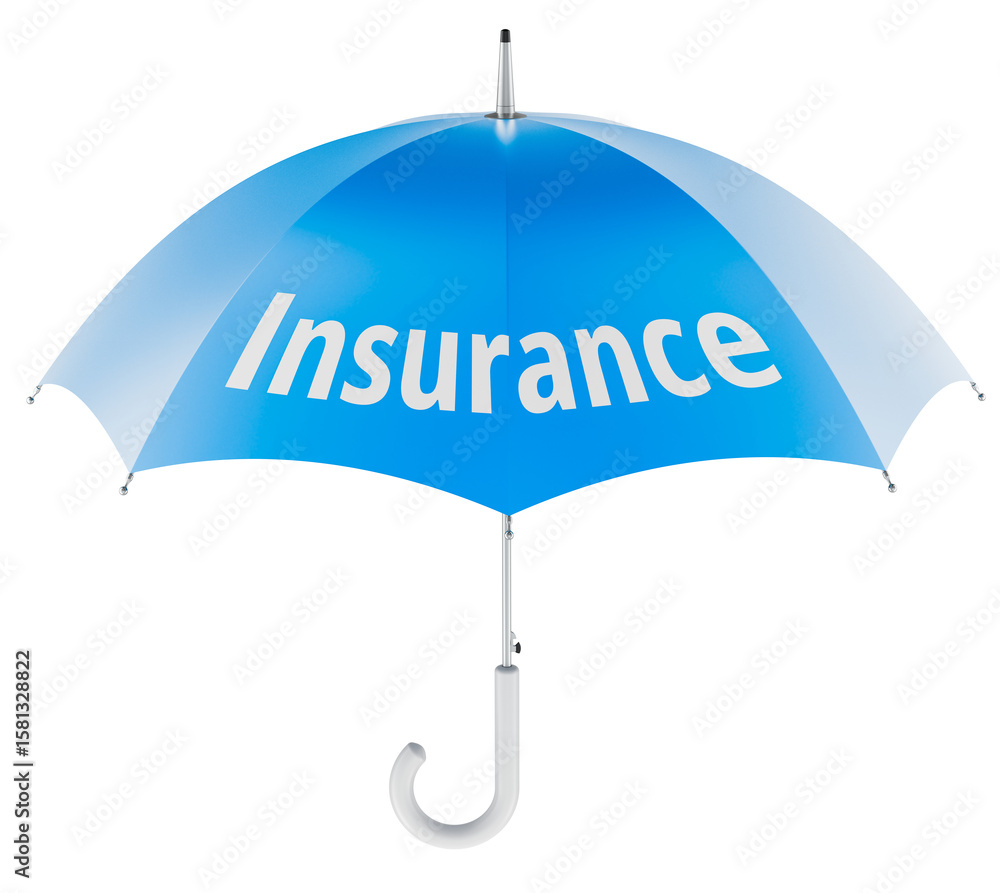 Poster insurance, concept. blue umbrella with text. 3d rendering isolated on transparent background