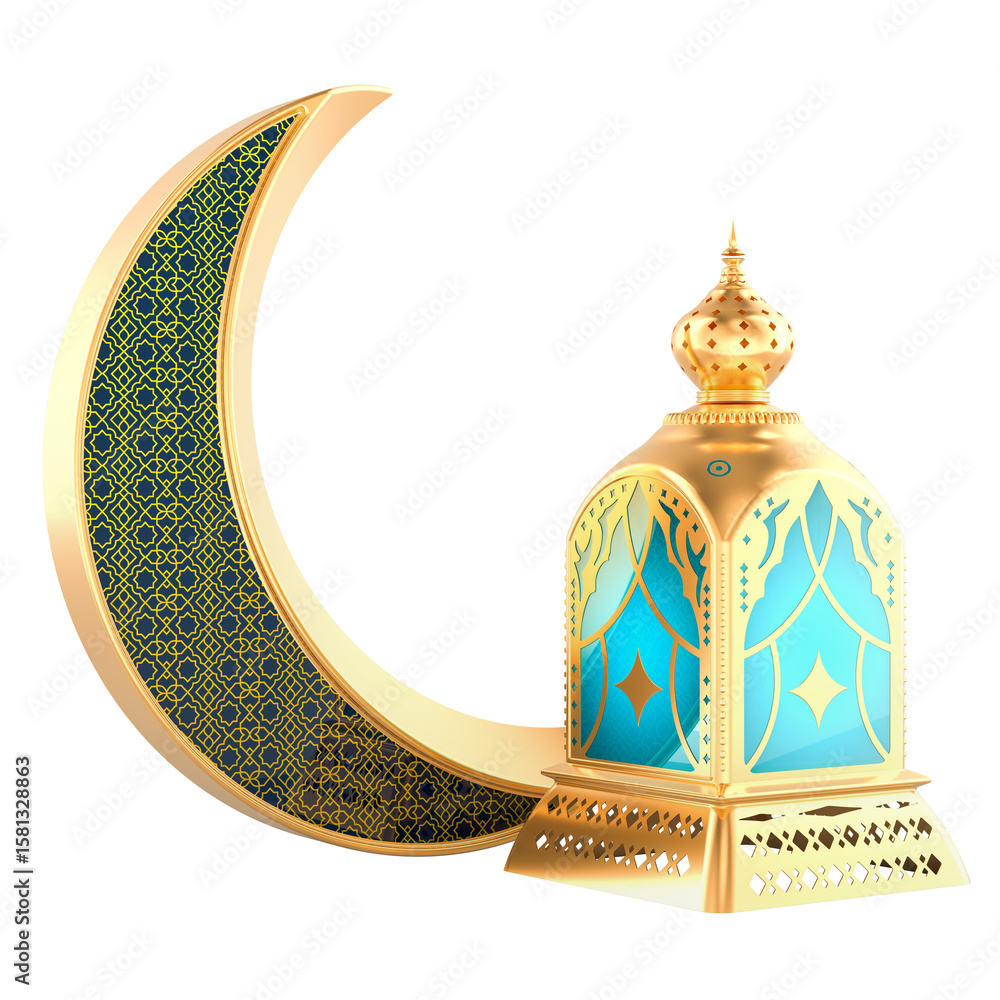 Poster crescent moon and oriental lantern. 3d rendering isolated on transparent background