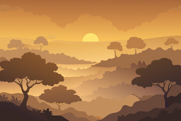 Vibrant desert sunset landscape with silhouetted mountains and trees