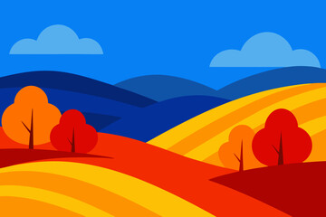 Vector illustration of a vibrant desert landscape at sunset, with mountains, sand, and a vast orange and yellow sky
