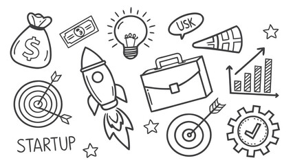 Business Money Sketch Icon Set Hand Drawn Startup Growth Chalkboard Vector