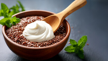 Close-Up of a Wooden Spoon Resting on a Bowl Filled with Brown Flax Seeds and a Creamy White Mixture, Set on a Rustic Kitchen Surface in Soft Natural Light