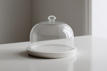 Elegant Glass Dome Showcasing a Cake on a Simple White Surface