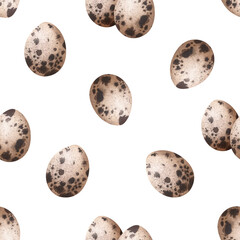 Eggs brown with spots seamless pattern watercolor illustration. Ornament of small quail eggs. Fresh farm products. Background for grocery store, labels, packaging