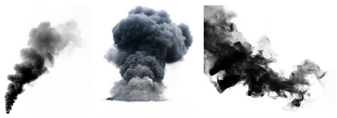 Realistic dark grey and black smoke clouds isolated on transparent background with detailed textures and swirling patterns for atmospheric or industrial themes