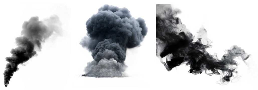 Realistic dark grey and black smoke clouds isolated on transparent background with detailed textures and swirling patterns for atmospheric or industrial themes
