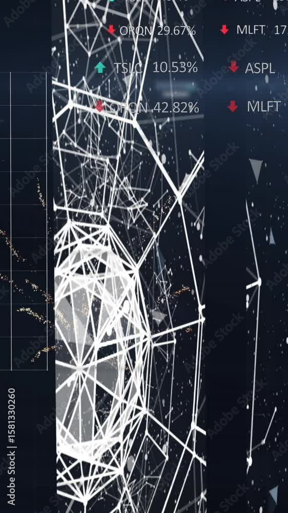 Poster animation of data processing and network of connections on black background