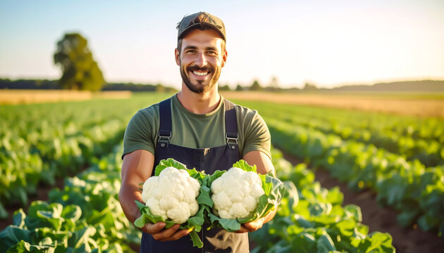 Landwirt pr&auml;sentiert frisch geernteten Blumenkohl 