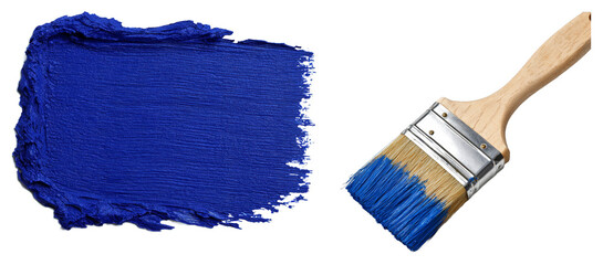 Vibrant blue paint swatch with a paintbrush on transparent background, textured strokes, artistic workspace, bright color, creative design