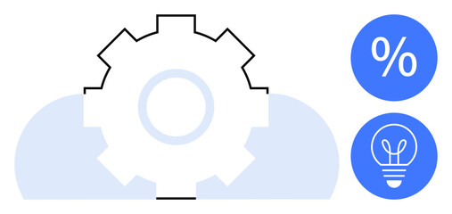 Gear surrounded by clouds with percentage and lightbulb symbols. Ideal for innovation, optimization, business solutions, creativity, strategy, analytics, and a simple landing page