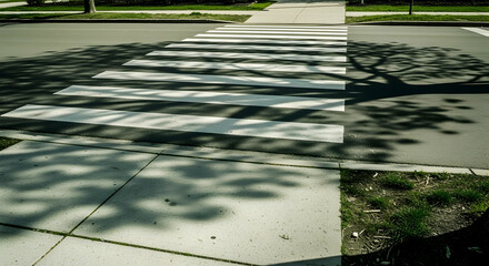 Shadows dance on a pedestrian crossing symbolizing urban life and safe passages underneath the leafy canopy