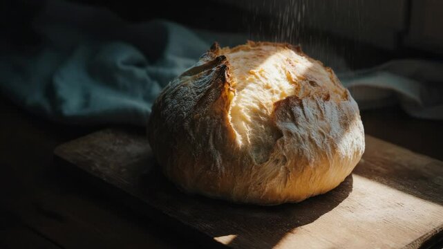 Freshly baked artisan loaf of bread on wooden board
