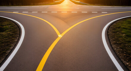Obraz premium Road Fork In The Road Metaphorical Crossroads At Sunset