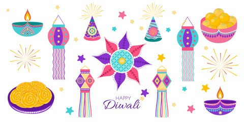 Diwali celebration flat vector set with rangoli, lamps diya, fireworks, sweets jalebi and laddoo, lanterns. Hand drawn Indian illustration for banners, posters and social media
