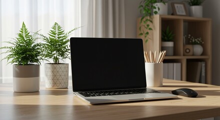 Workstation Harmony Laptop with Ferns and Natural Light in a Minimalist Home Office Setting