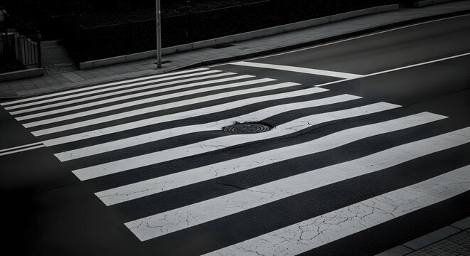 Pedestrian Crossing Distortion On Asphalt With Drainage Cover Underneath
