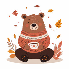 Flat naive cartoon bear in a sweater with falling leaves and tea cup, ideal for autumn greeting cards, printable seasonal postcards, and warm fall wishes