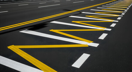 Road Markings Guide Traffic with Yellow and White Lines on Asphalt