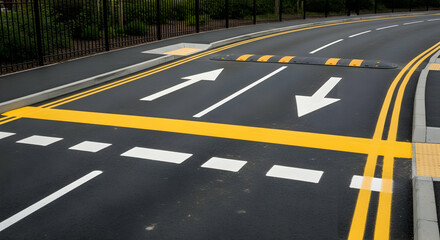 Road Markings Directing Traffic Flow With Speed Bump and Crossing Area Signage