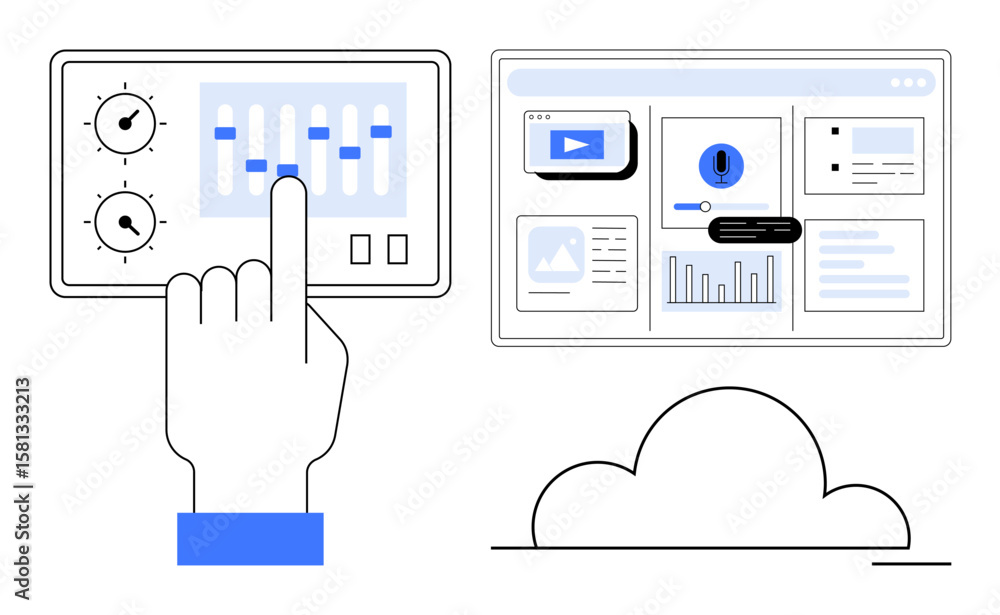 Poster hand interacting with control panel, screen showing analytics and video, cloud beneath. ideal for te