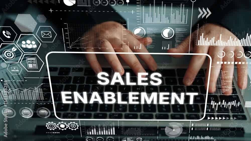 Poster hands on keyboard with digital sales enablement concept and data analytics visual overlays. asymptot