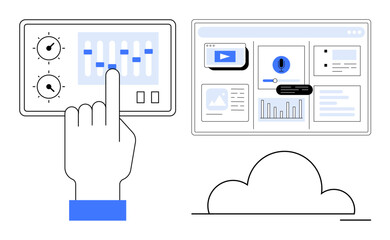 Hand interacting with control panel, screen showing analytics and video, cloud beneath. Ideal for tech, data management, cloud computing, user interaction, business analytics, automation digital
