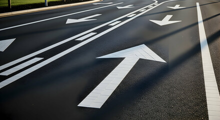 Road markings showing direction of traffic on a black asphalt surface viewed from above