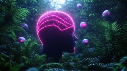 Futuristic neon head design in mystical forest setting