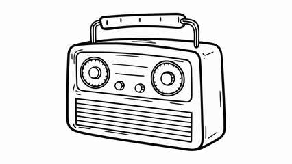 Illustration of a vintage radio with a handle and tuning dials in black and white outline style drawing