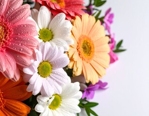Beautiful bouquet of colorful daisies and gerberas with water droplets on petals. A bright and cheerful floral arrangement with pink, white, yellow, and purple tones, perfect for spring 