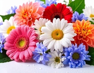 Beautiful bouquet of colorful daisies and gerberas with water droplets on petals. A bright and cheerful floral arrangement with pink, white, yellow, and purple tones, perfect for spring 