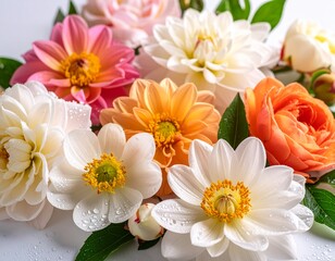 Close-up of colorful gerbera daisies with water droplets on the petals. Vibrant mix of yellow, orange, pink, and white flowers in full bloom, creating a cheerful and fresh floral background