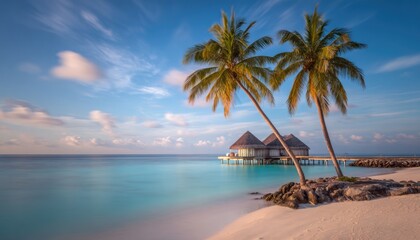 coconut trees with clear transparent sea waves breaking over white clean sea beach in the evening sunset.