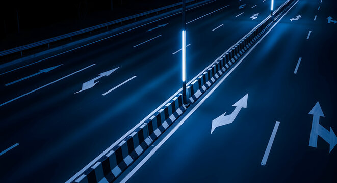 Sleek aerial view of a highway at night with white directional arrow markings - Powered by Adobe