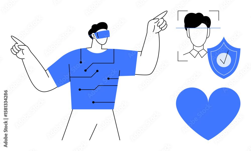 Poster man wearing augmented reality glasses interacts with tech circuits. facial recognition, security shi