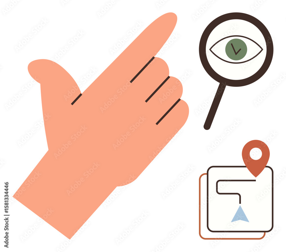 Poster hand pointing gesture, magnifying glass with an eye, and a navigation map with pin. ideal for guidan