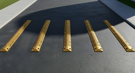 Road safety enhancement with golden speed bumps strategically placed on the road surface