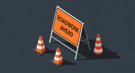 Roadwork Ahead Warning Sign With Traffic Cones On Street Minimalist Design