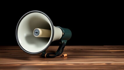 Vintage megaphone on wooden surface with dramatic lighting, evoking nostalgic and minimalist aesthetics.