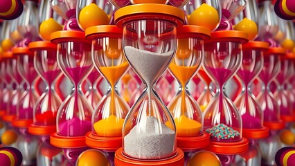 Fototapeta premium Colorful overlapping hourglasses with upward-flowing sand, depicting the unique perception of time in ADHD.