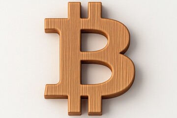 Obraz premium Wooden bitcoin symbol lies on white background