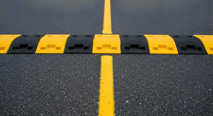 Road safety focus on speed bump and yellow lane markers for traffic control