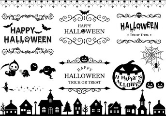 Naklejka na ściany i meble ハロウィンのフレームイラスト ( ビンテージ　ヴィンテージフレーム　見出し　タイトル　背景　チラシ　セール　ハロウィーン　南瓜　お化け　蝙蝠　街並み )