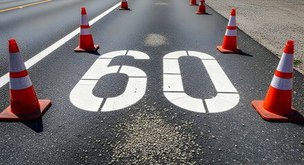 Road safety measures featuring 60 speed limit signage surrounded by traffic cones promoting caution