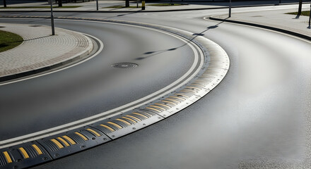 Road Safety Measures On A Modern Asphalt Traffic Circle In Urban Environment
