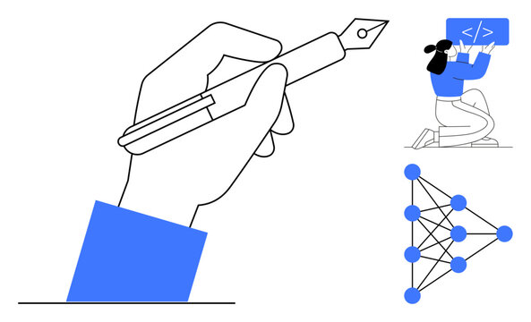 Hand holding pen sketching, person coding, and neural network diagram exploring creativity, AI, and coding. Ideal for education, innovation, digital transformation, data science programming AI