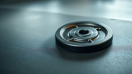 A single weight plate resting on a gym floor, showcasing metallic reflections and minimalistic design.